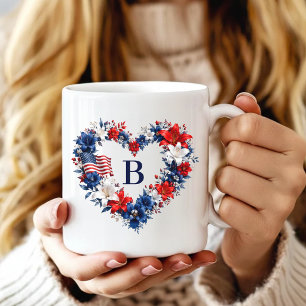 Patriotic Teacher Veteran July 4th Floral Monogram Coffee Mug