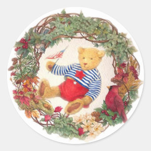 Patriotic Teddy Bear Holiday Wreath Classic Round Sticker