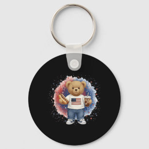 Patriotic Teddy Bear Hot Dog Fireworks Usa Flag Key Ring