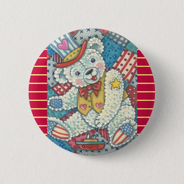 PATRIOTIC TEDDY BEAR & PATCHWORK BUTTON Round (Front)