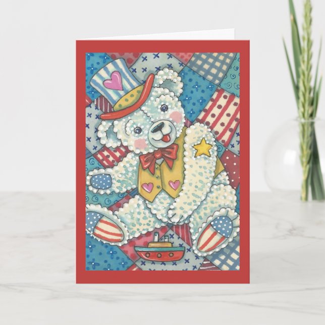 PATRIOTIC TEDDY BEAR & QUILT GREETING CARD Verse (Front)