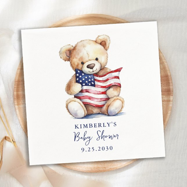 Patriotic Teddy Bear Red White Blue Baby Shower Napkin (Creator Uploaded)