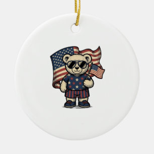 Patriotic Teddy Bear Vintage Engraving Shirt Desig Ceramic Ornament