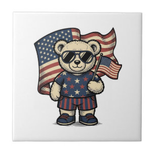 Patriotic Teddy Bear Vintage Engraving Shirt Desig Ceramic Tile