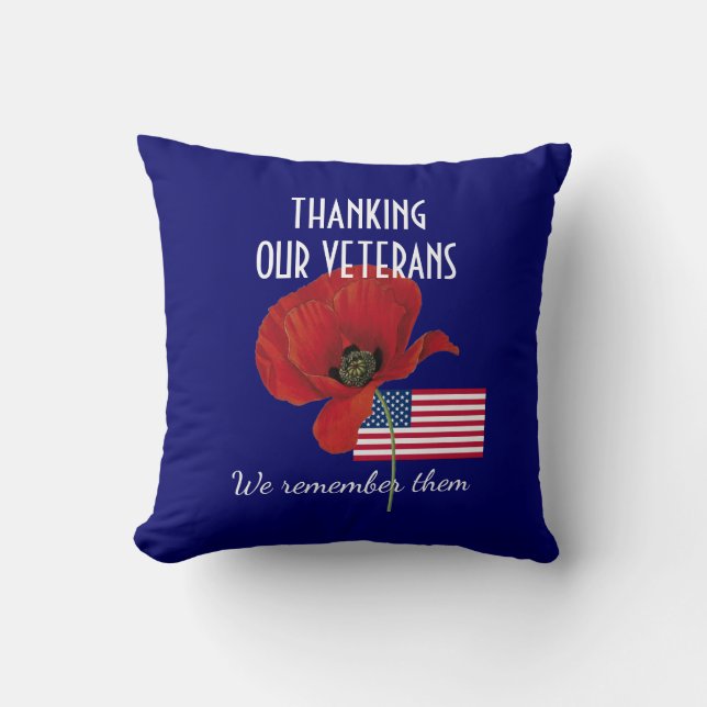 Patriotic THANK YOU VETERANS War Remembrance Poppy Cushion (Front)