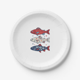 Patriotic Three Fish Vintage Engraving Shirt Desig Paper Plate