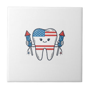 Patriotic Tooth Mascot Fireworks Vector Design_1 Ceramic Tile