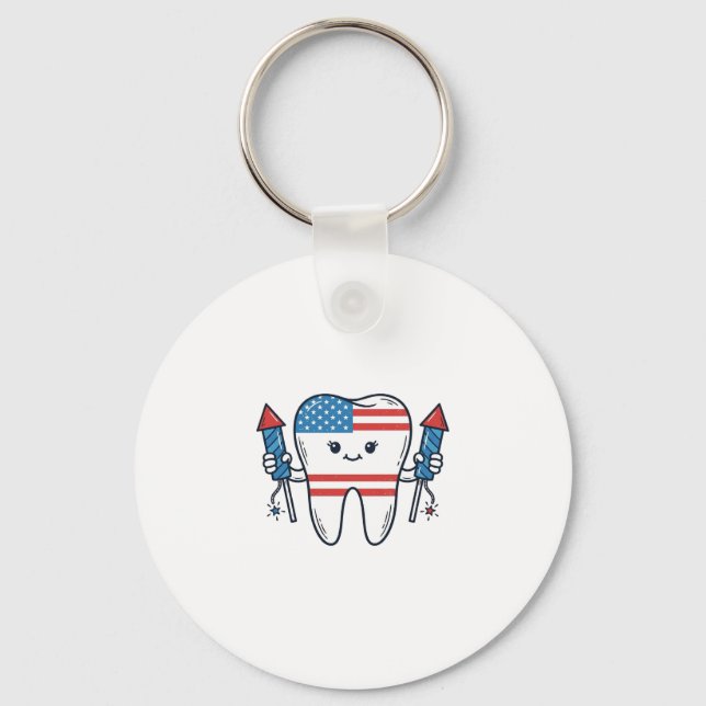 Patriotic Tooth Mascot Fireworks Vector Design_1 Key Ring (Front)