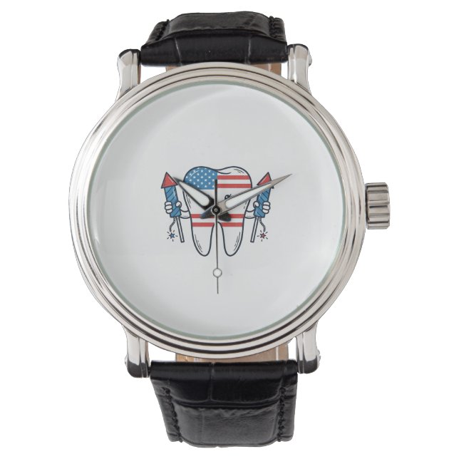 Patriotic Tooth Mascot Fireworks Vector Design_1 Watch (Front)