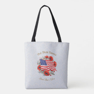 Patriotic Tote Bag God Bless America Flag Poppies