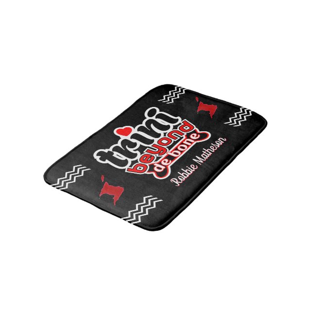 Patriotic Trini Beyond de Bone with Name on BLACK Bath Mat (Angled)