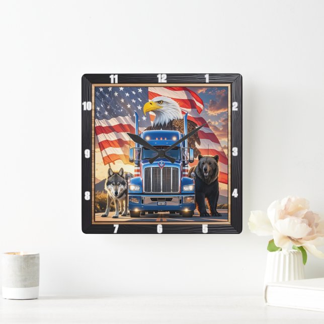 Patriotic Truck Eagle Wolf Bear Square Wall Clock (Home)