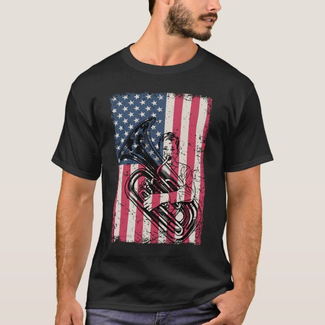 Patriotic Tuba Player Marching Band American Flag T-Shirt (Front)