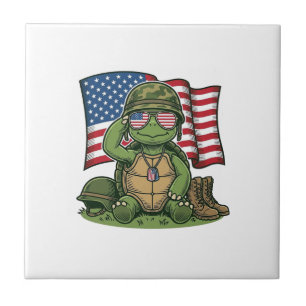 Patriotic Turtle Salute Vector Design_1 Ceramic Tile