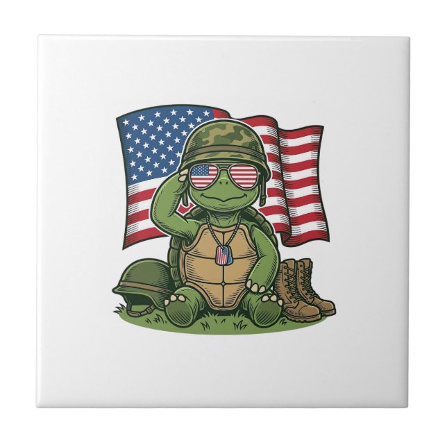 Patriotic Turtle Salute Vector Design_1 Ceramic Tile (Front)