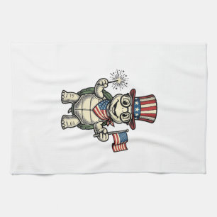 Patriotic Turtle Vintage Engraving Graphic for Whi Tea Towel