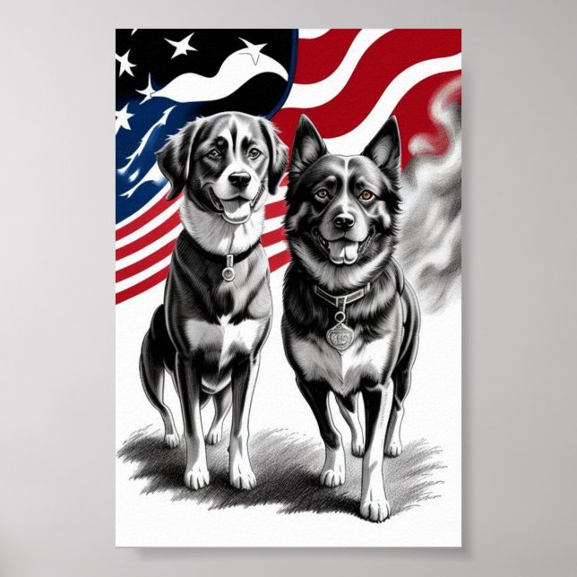 Patriotic Two Dog Flag Art  Poster ("Patriotic Pickup for Dog Lover's")