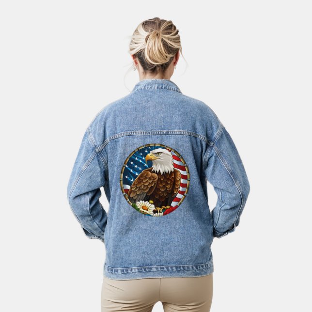 Patriotic U.S. Flag Bald Eagle Flowers Graphic Denim Jacket (Model)