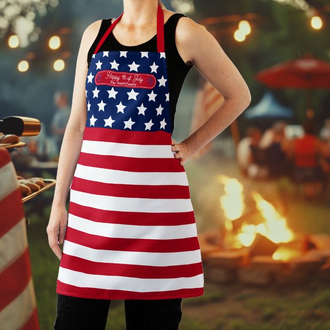 Patriotic U.S. Flag Happy 4th of July Family Name Apron (Red, White and Blue Patriotic U.S. Flag "Happy 4th of July" Family Name Kitchen | BBQ Apron)