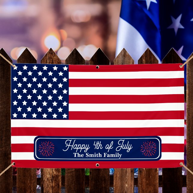 Patriotic U.S. Flag Happy 4th of July Family Name Banner (Red, White and Blue Patriotic U.S. Flag "Happy 4th of July" Family Name 3' x 5' Outdoor Banner )