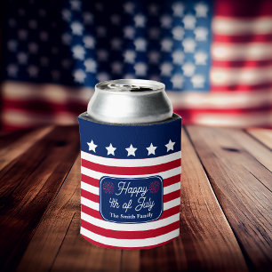 Patriotic U.S. Flag Happy 4th of July Family Name Can Cooler