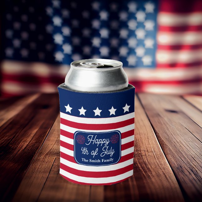Patriotic U.S. Flag Happy 4th of July Family Name Can Cooler (Red, White and Blue Patriotic U.S. Flag "Happy 4th of July" Family Name Can Cooler)