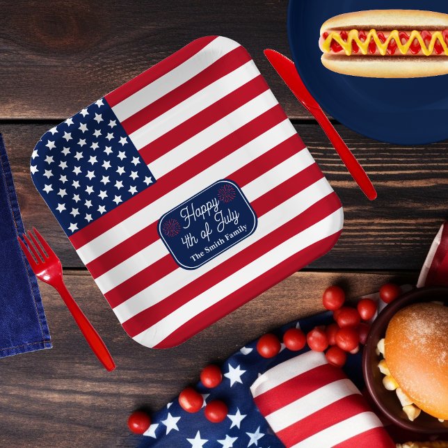 Patriotic U.S. Flag Happy 4th of July Family Name Paper Plate (Red, White and Blue Patriotic U.S. Flag "Happy 4th of July" Family Name Paper Plate)