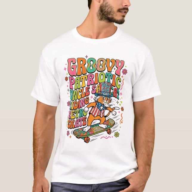 Patriotic Uncle Sam Cat Retro Typography T-Shirt ( (Front)