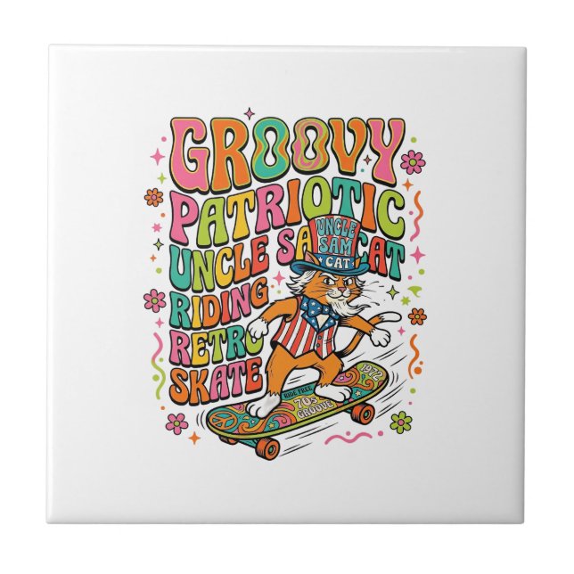 Patriotic Uncle Sam Cat Retro Typography T-Shirt ( Ceramic Tile (Front)