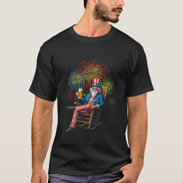 Patriotic Uncle Sam Drinking Beer 4th of July Fire T-Shirt (Front)