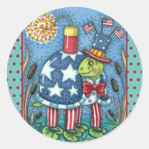 PATRIOTIC UNCLE SAM TURTLE, FUNNY FIRECRACKER Cute Classic Round Sticker