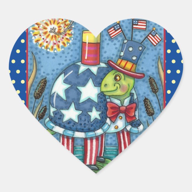 PATRIOTIC UNCLE SAM TURTLE, FUNNY FIRECRACKER Cute Heart Sticker (Front)