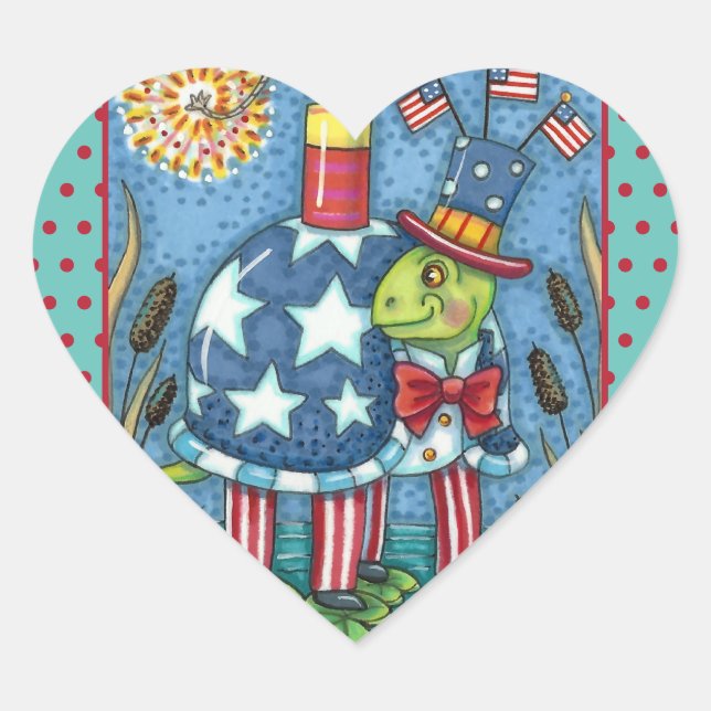 PATRIOTIC UNCLE SAM TURTLE, FUNNY FIRECRACKER Cute Heart Sticker (Front)