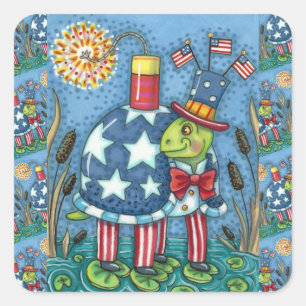 PATRIOTIC UNCLE SAM TURTLE, FUNNY FIRECRACKER Cute Square Sticker