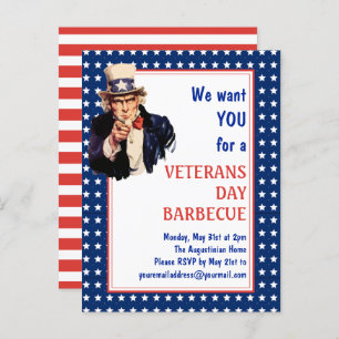 Patriotic Uncle Sam VETERANS BBQ BARBECUE Invite Postcard