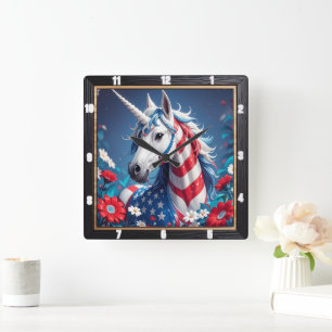 Patriotic Unicorn Stars Stripes Floral Square Wall Clock