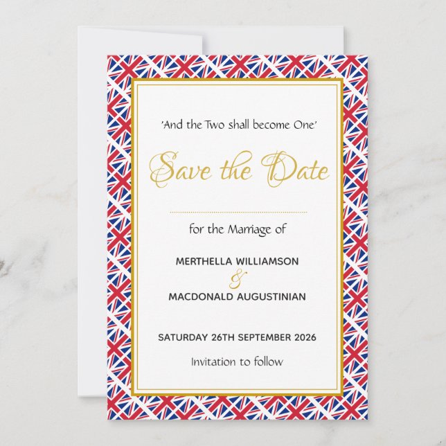 Patriotic UNION JACK Christian Wedding Save The Date (Front)