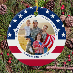 Patriotic US American Flag Personalised 2 Photo Ceramic Ornament