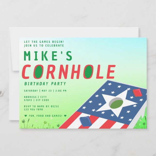 Patriotic US Bean Bag Sack Toss Cornhole Party Invitation (Front)