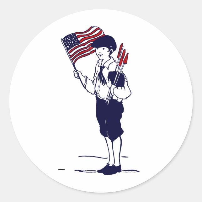 Patriotic US Flag and Fireworks Boy Classic Round Sticker (Front)