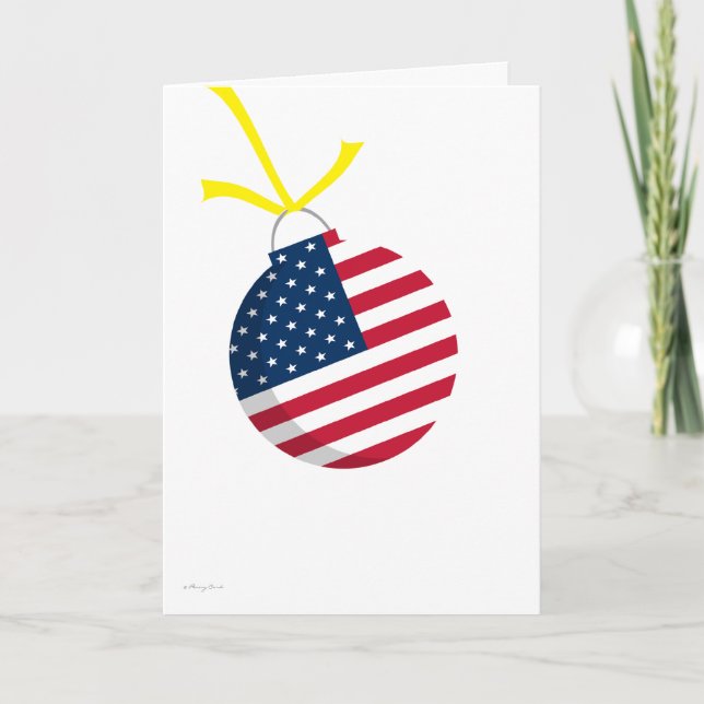 Patriotic US Flag Christmas Ornament Yellow Ribbon Holiday Card (Front)