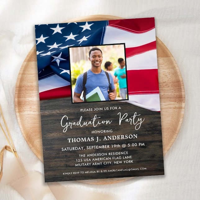 Patriotic US Flag Custom Photo Military Graduation Invitation Postcard (Creator Uploaded)