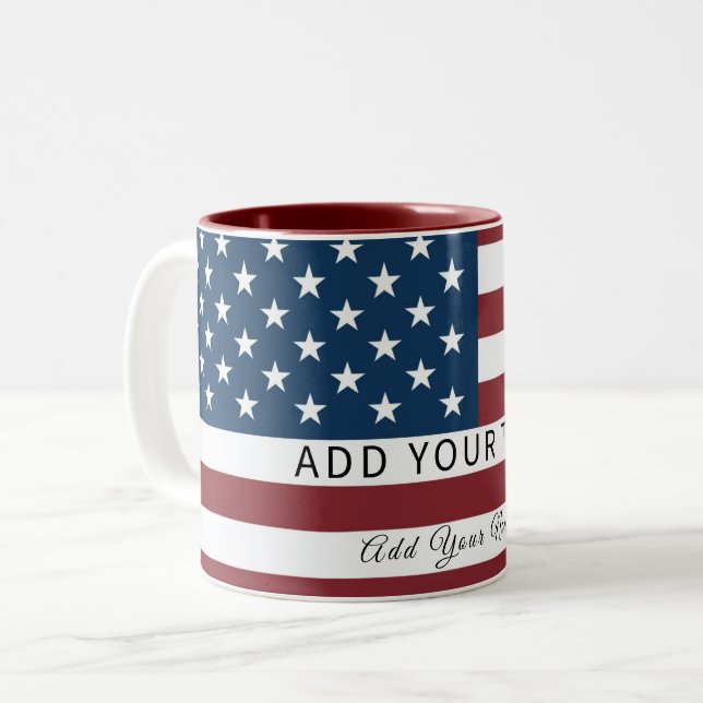Patriotic US Flag Custom Text Name  Two-Tone Coffee Mug (Front Left)