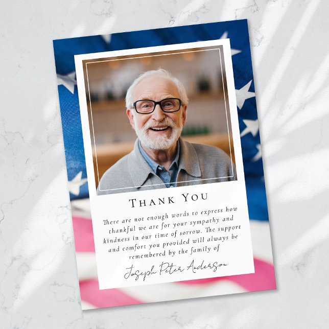 Patriotic US Flag Photo Keepsake Funeral Memorial Thank You Card (Creator Uploaded)