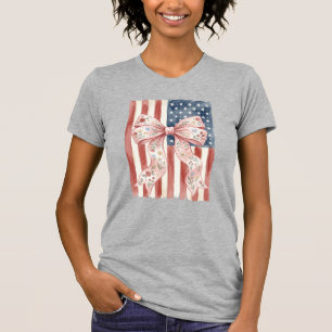 Patriotic US Flag Pink Bow Coquette 4th of July T-Shirt