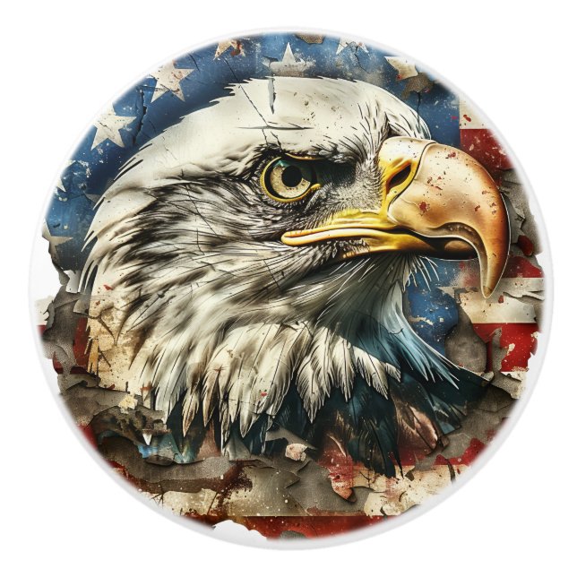 Patriotic US Flag Rustic Bald Eagle Ceramic Knob (Front)