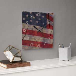 Patriotic US Flag Segment Over Rustic Cracked Wood Square Wall Clock