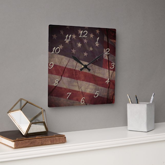 Patriotic US Flag Segment Over Rustic Cracked Wood Square Wall Clock (Office)