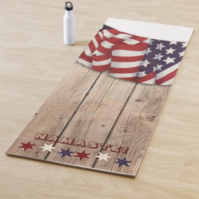 Patriotic US Red White Blue Stars Namaste Custom Yoga Mat (In Situ)