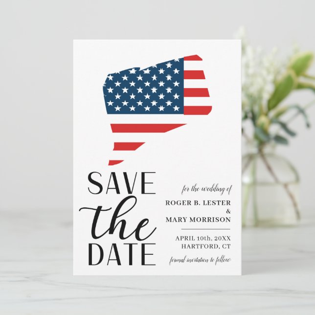 Patriotic US State Connecticut Destination Wedding Save The Date (Standing Front)